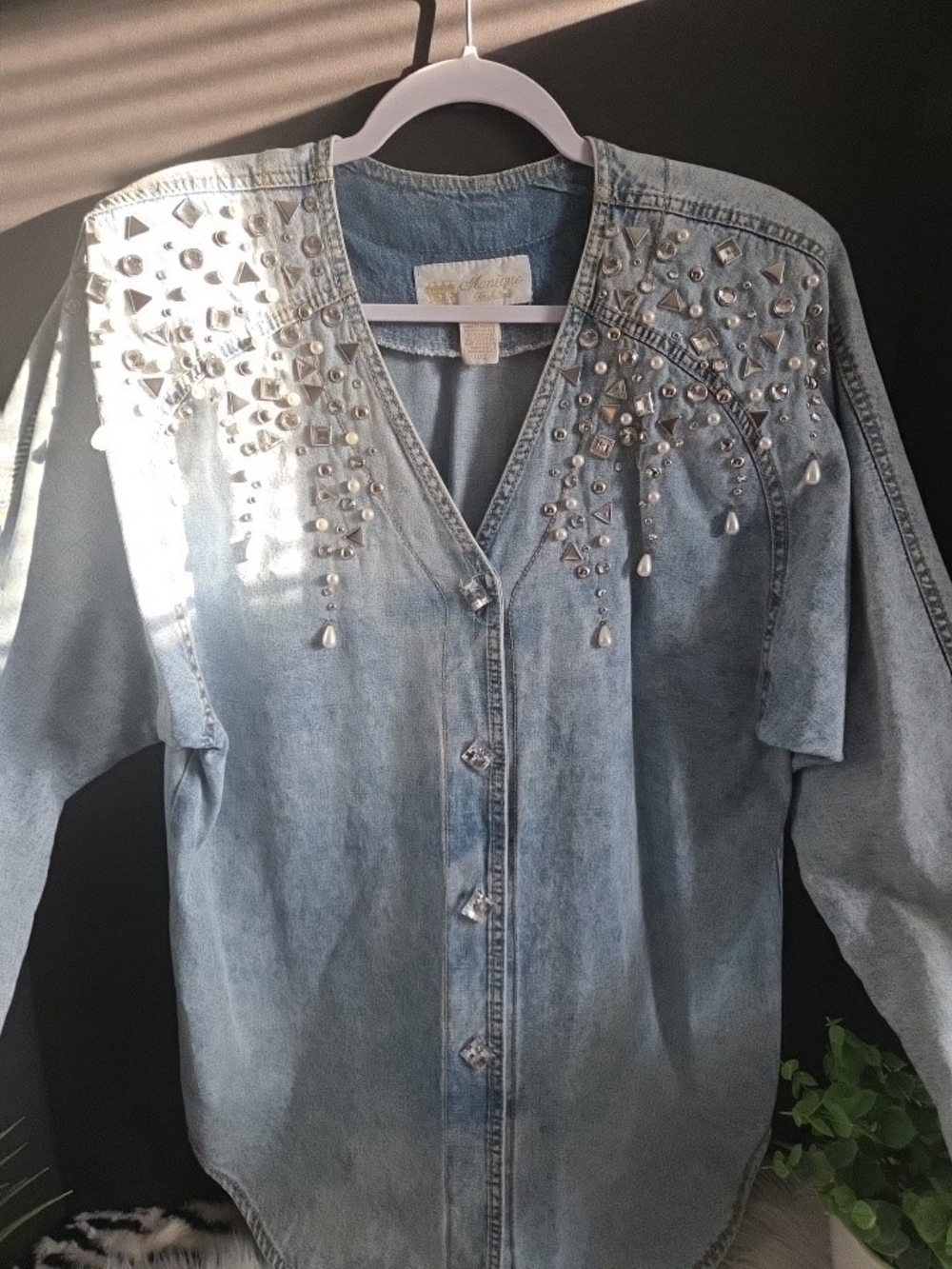 VTG 80's Monique Fashions Acid Wash Embellished Denim Button-Down Shirt Size 12